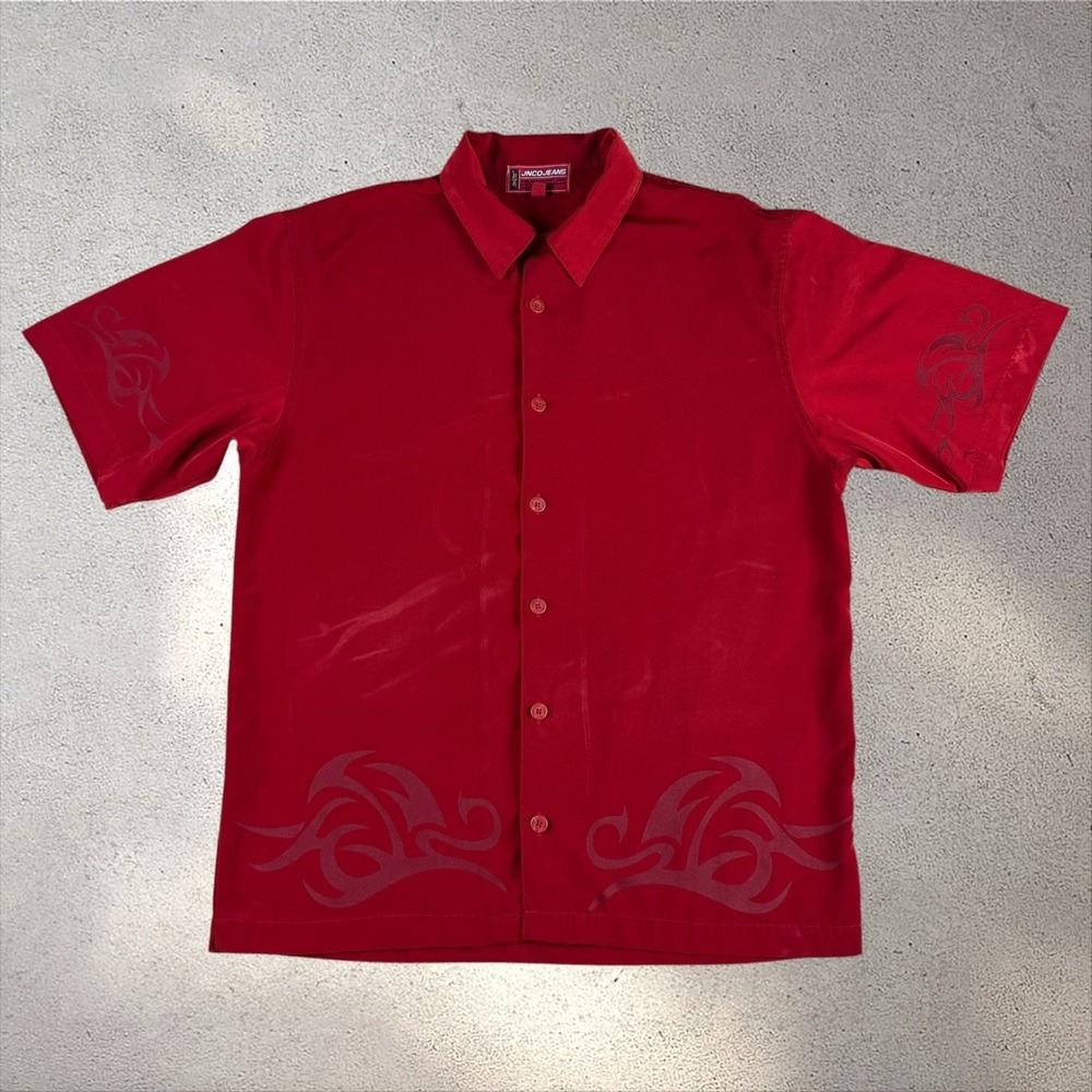 VTG JNCO Jeans Shirt Mens Medium Short Sleeve Button Up Tribal Print Y2K‎ Flames